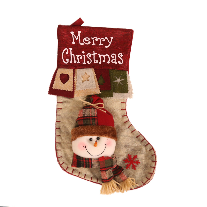 Cross-Border New Arrival Christmas Decorations Linen Printing Creative Cartoon Three-Dimensional Old Man Christmas Stockings Gift Bag Linen Socks