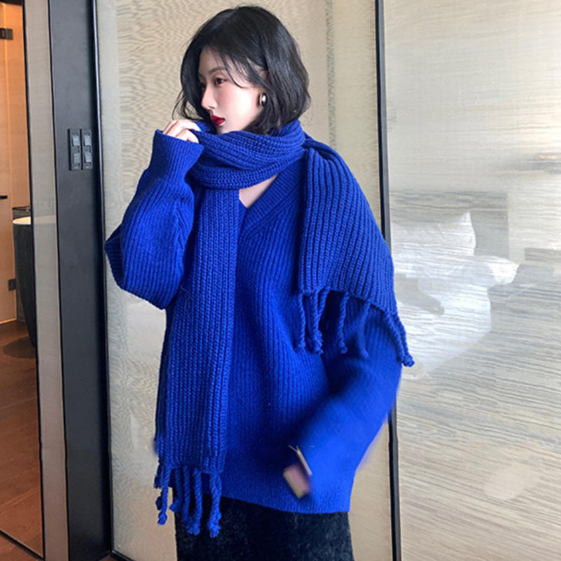 克莱因蓝毛衣女秋冬新款软糯配大衣内搭慵懒风粗线棒针中长款上衣