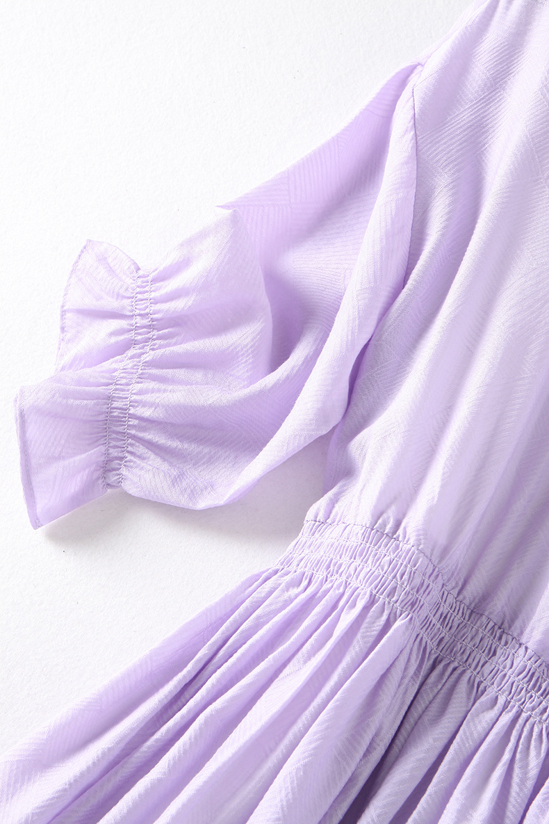 淡淡的紫色天丝连衣裙 2021春夏新款圆领中袖松紧腰减龄过膝裙