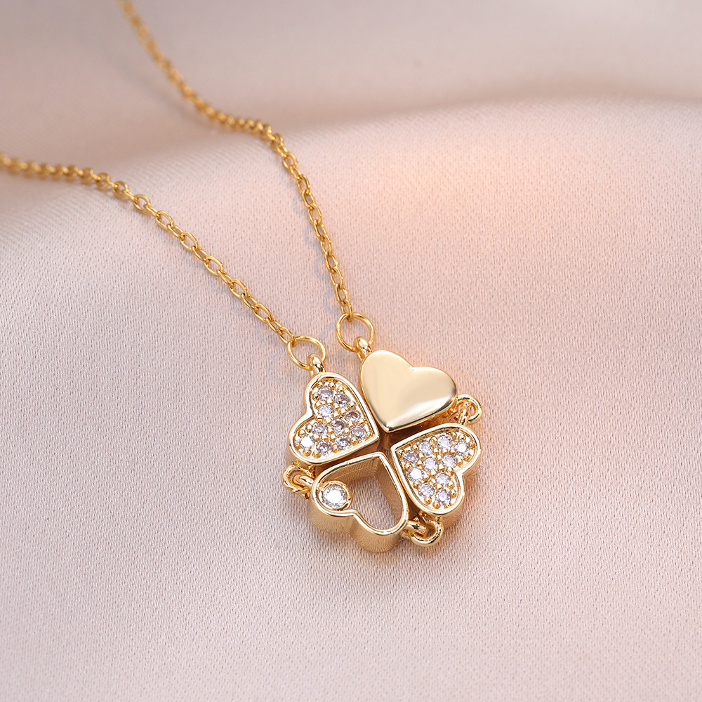 Women's Necklace New Style Two-Piece Heart-to-Heart Open and Close Four-Leaf Flower Necklace Fashion Love Folding Clavicle Chain Wholesale