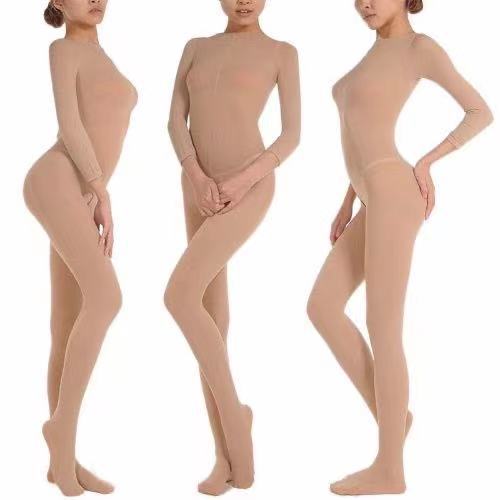 Skin Color Dance Stockings Clothing One-Piece Stockings Sexy Padded Flesh Color Long Sleeve Open without Open Crotch Full Body Body Stocking