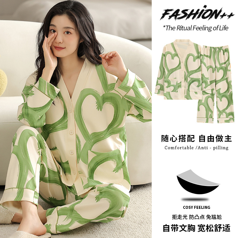 Pajamas Women's Autumn with Chest Pad Long Sleeve V-neck Japanese Kimono Cotton plus Size Loose Home Wear Cardigan Can Be Worn outside