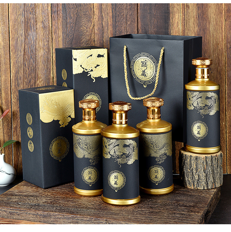 批发白酒包装盒黑色酒盒高档白酒瓶空瓶一斤包装礼盒酒瓶包装全套