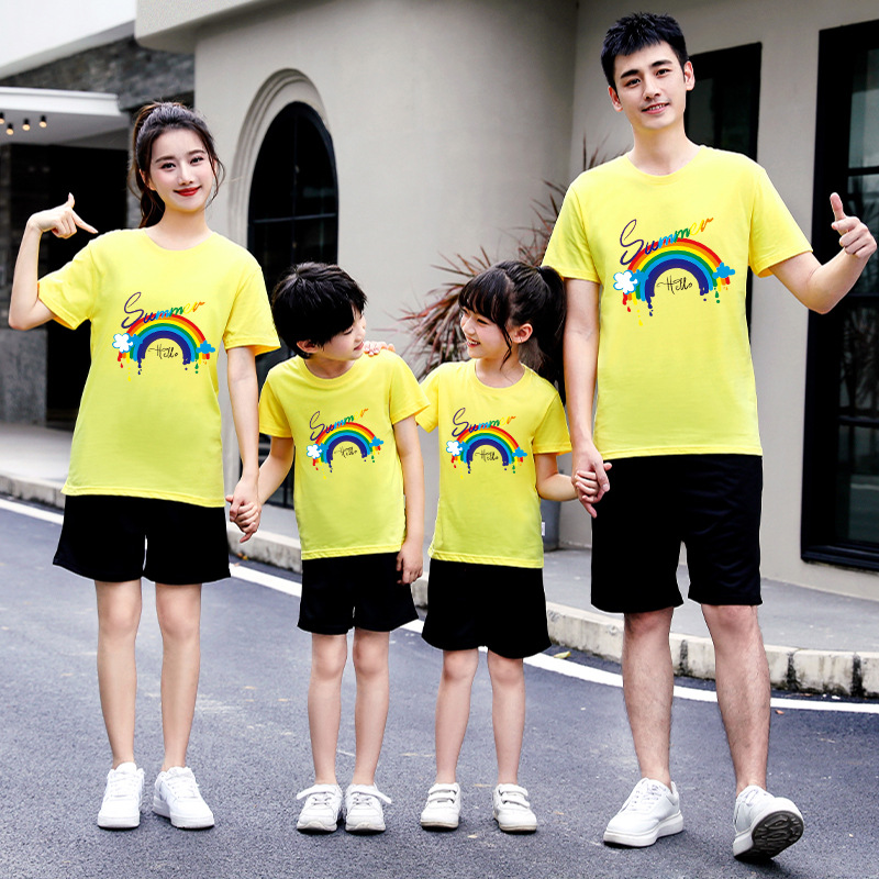 新款亲子装t恤纯棉创意彩虹印花一家三口家庭装拍照服装一件代发