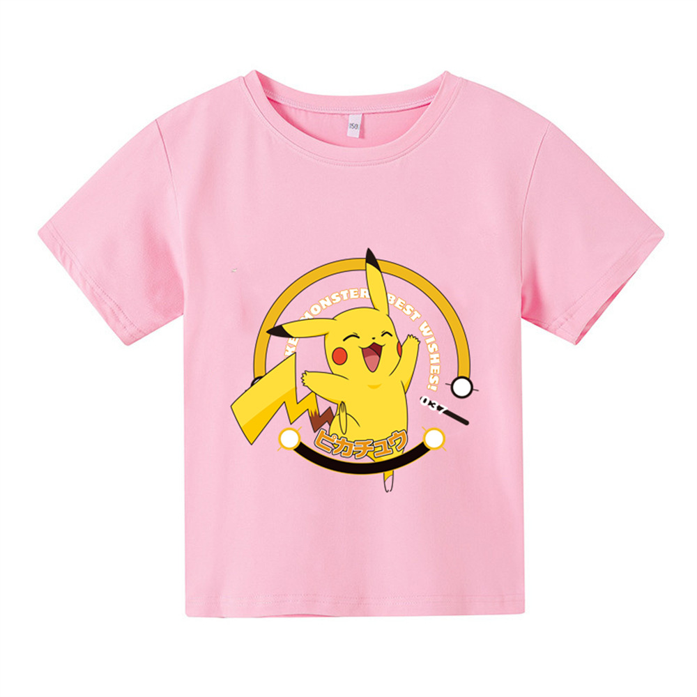 速卖通wish2023夏季新款爆款皮卡丘圆领短袖夏季短袖可爱卡通童装
