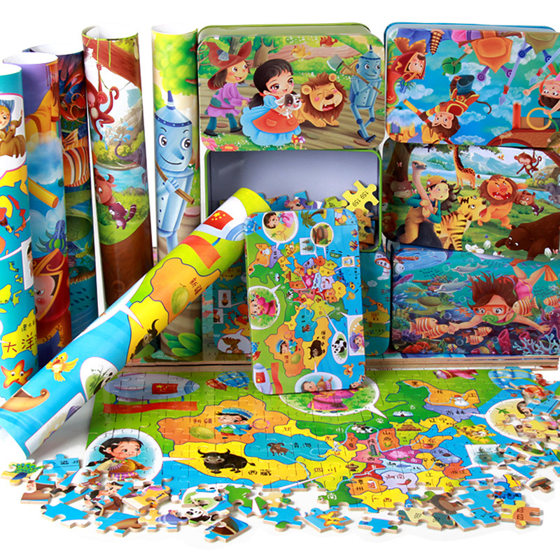 New 60 Pieces 100 Pieces 200 Pieces Wooden Puzzle Children's Cartoon Flat Puzzle Iron Box Wooden Toys