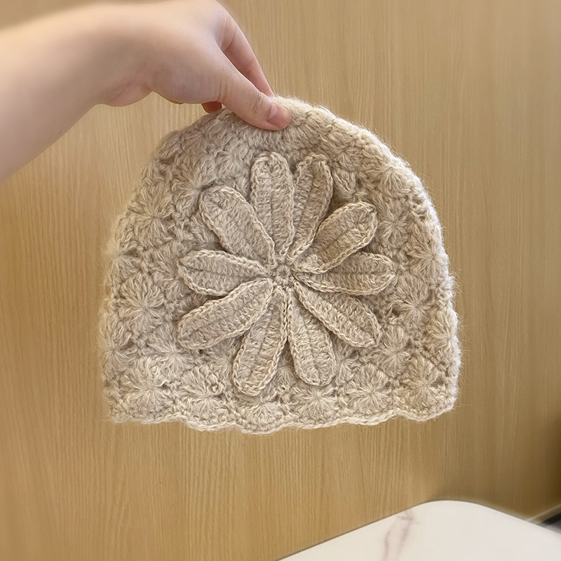 秋冬帽子女韩版ins百搭针织套头帽手工钩花时尚花朵毛线帽包头帽