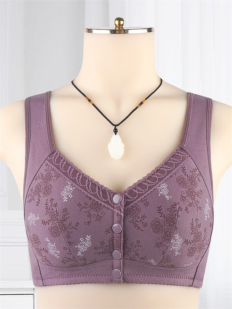 妈妈内衣女棉大码前扣文胸无钢圈中老年人背心式妇女胸罩夏