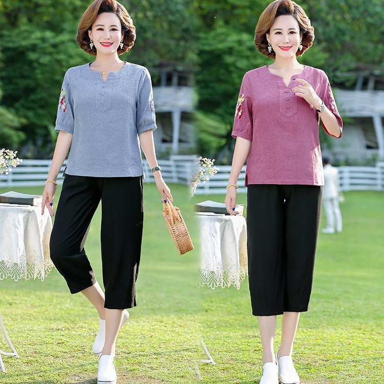 妈妈夏装棉麻套装洋气2024新款50岁中老年女装短袖t恤上衣两件套