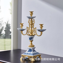 欧式奢华软装家居样板房摆设 奢华怀旧陶瓷配铜3头烛台创意摆件