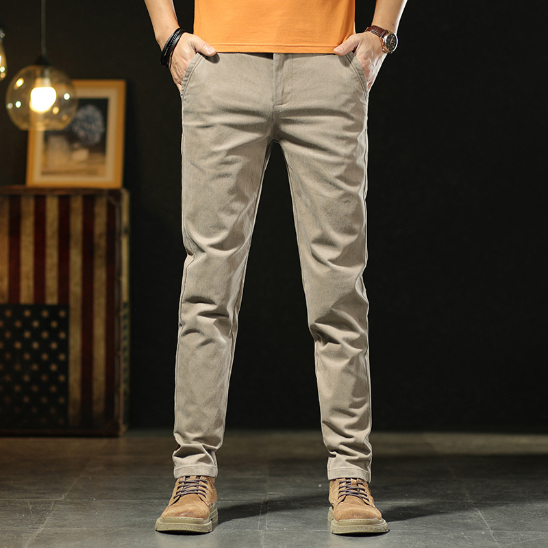 香港男士休闲裤春秋修身直筒长裤子简约百搭卡其色工作男裤子