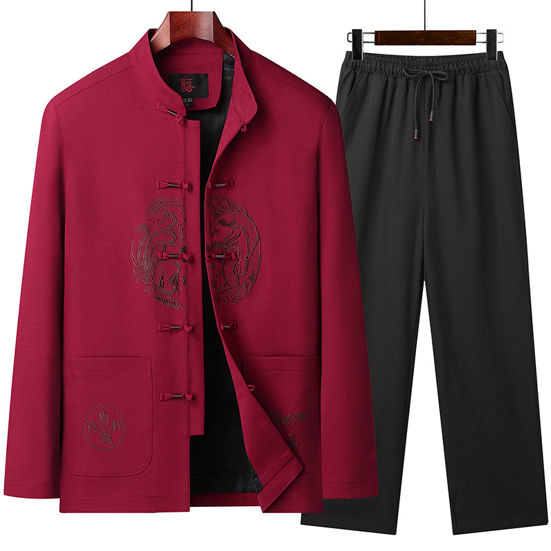 新款长袖龙凤唐装男中国风棉麻刺绣套装中老年爸爸秋季爸爸老人