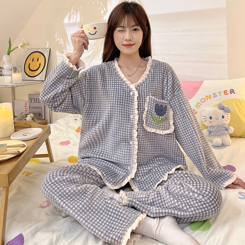 秋冬季大码法兰绒睡衣女格子开衫220斤长袖家居服两件套装可外穿