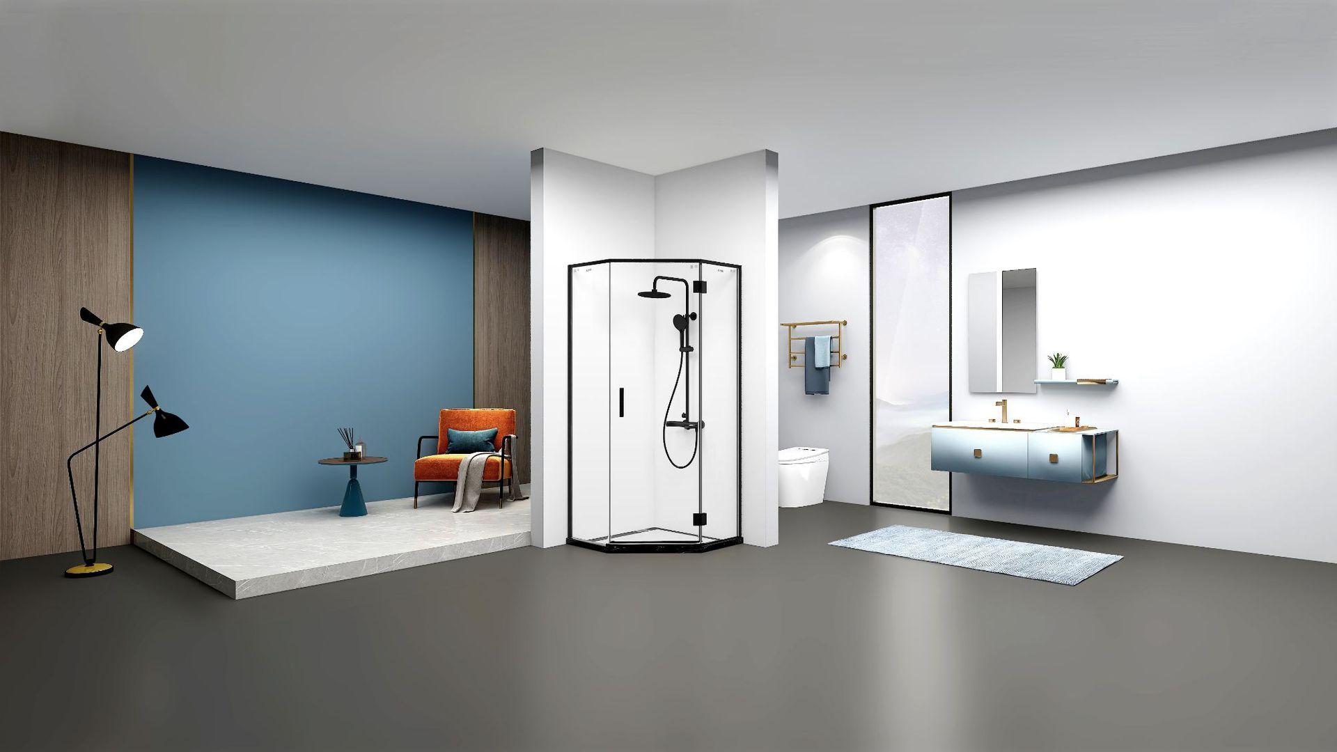 朗斯钻石形平开门不锈钢边框干湿分离钢化玻璃厂家定制瑞丽淋浴房