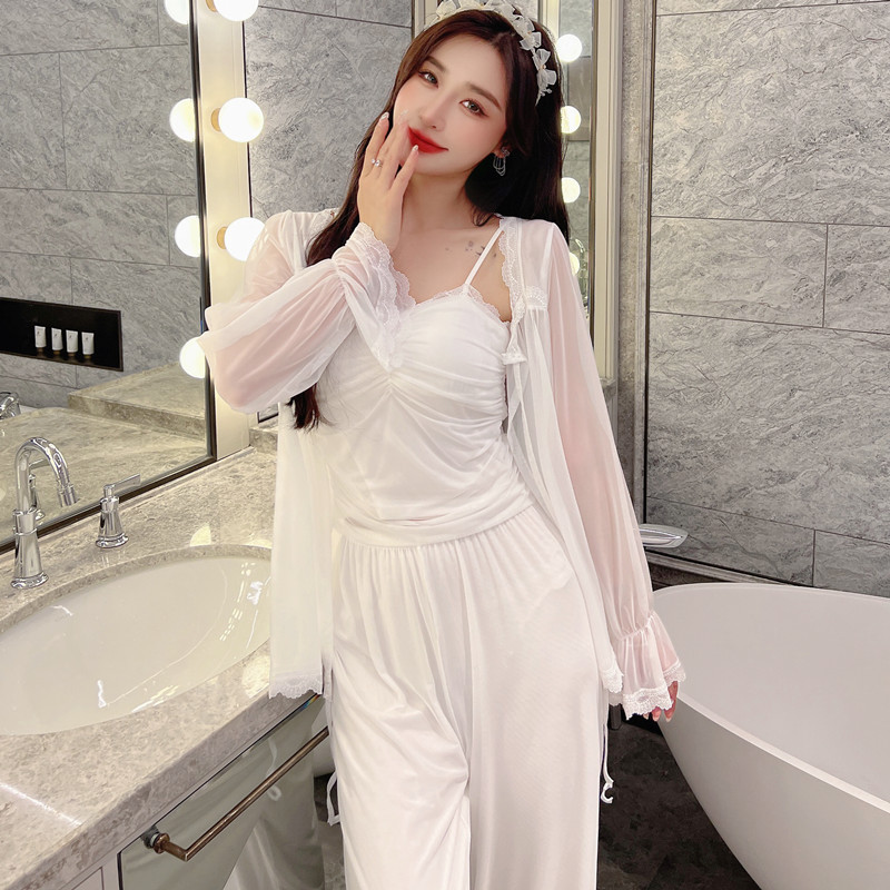 纯欲风女神宫廷网纱性感吊带睡衣带胸垫睡衣甜美睡袍三件套家居服