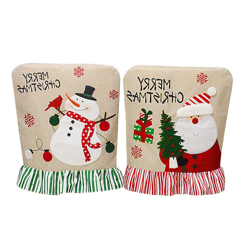 2022 New Christmas Embroidery Elderly Snowman Chair Cover Linen Lace Chair Cover Christmas Back Cushion Decoration