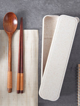 便携式外带木质勺子筷子收纳盒 三件套家用长柄小汤勺餐具盒套装J