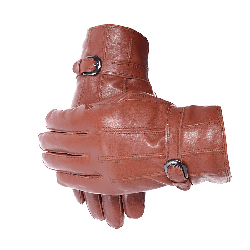 Cross-Border Supplies Men's Solid Color Leather Gloves Warm Cycling Gloves Fleece-Lined Sheepskin Gloves Wind-Proof and Cold Protection Gloves Wholesale