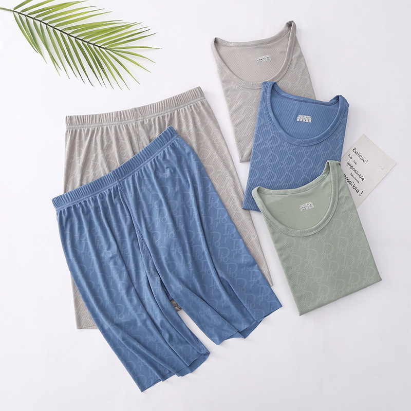 Summer Men's Ice Silk Pajamas Set Printed Short-Sleeved Cropped Pants Homewear Suit