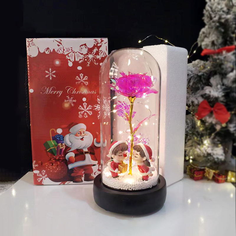 New Product Recommendation Christmas Creative Gift Glass Led Lampshade Gold-Foil Roses Luminous Christmas Couple Doll