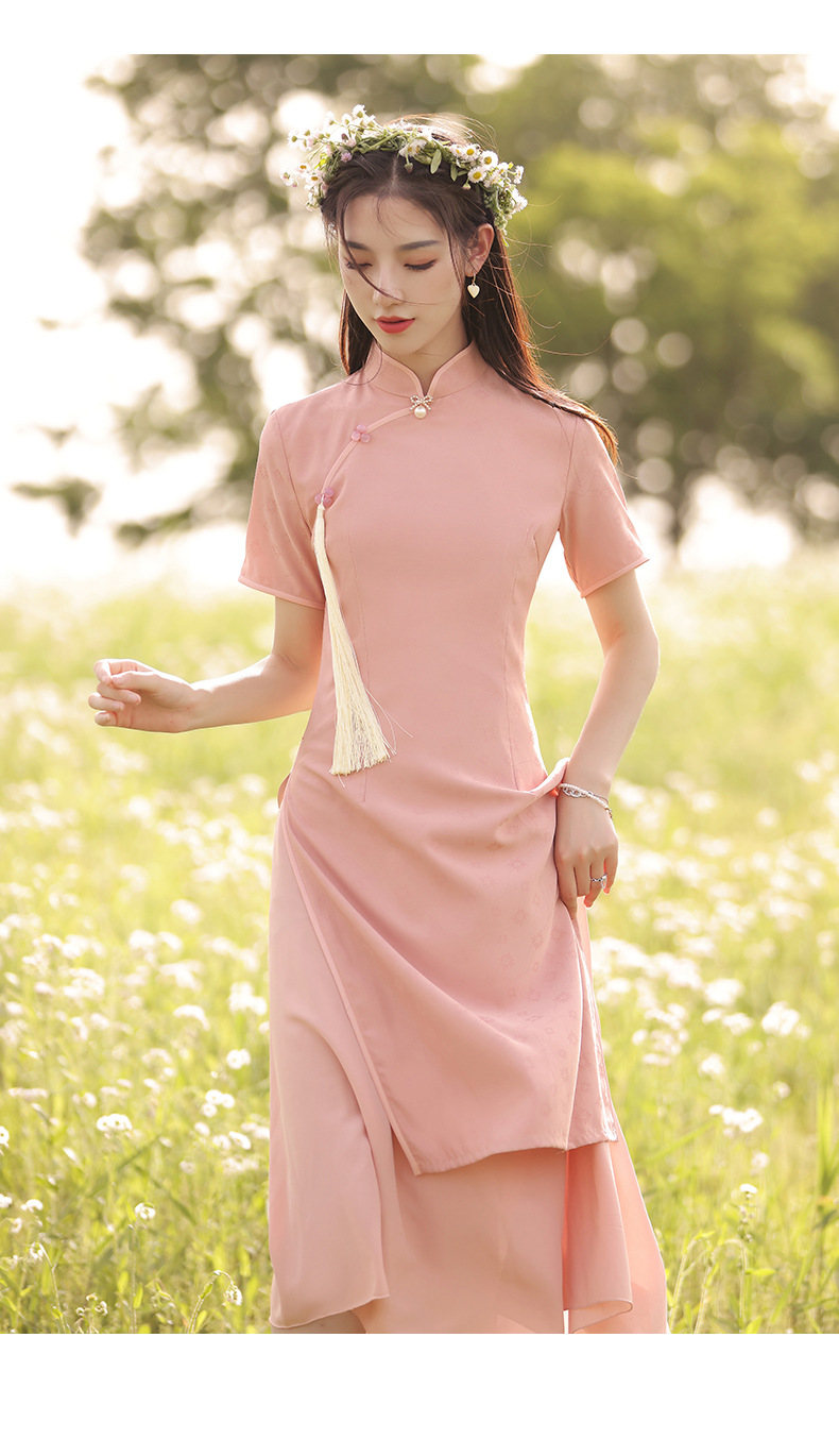 奥黛旗袍2021年新款年轻款粉色少女改良版连衣裙中国风复古女夏季