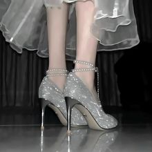 银色高跟鞋女细跟2024年新款伴娘18岁成年礼单鞋婚纱水晶新娘婚鞋