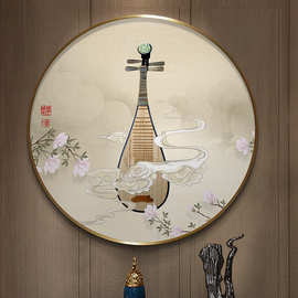 中国传统文化墙装饰画新中式圆形玄关画民俗挂画书房茶室琵琶壁画