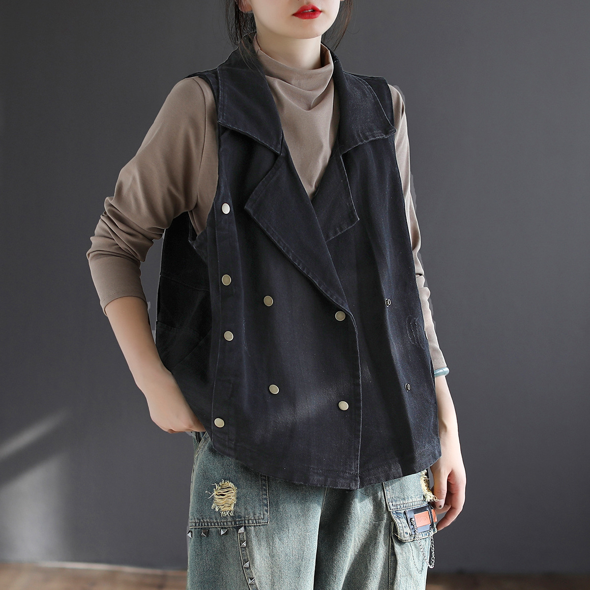 文艺复古棉牛仔背心女士初秋新款大码宽松翻领双排扣无袖马甲8802