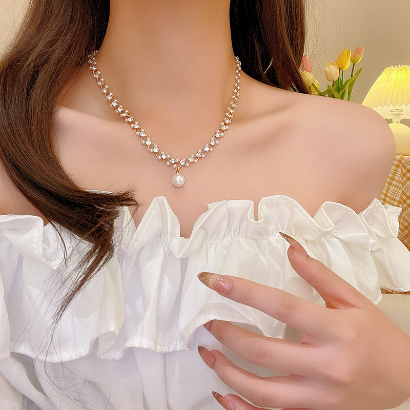 Light Luxury Minority Super Fairy Wild Pearl Necklace for Women Refined Zircon Internet Celebrity Same Style Temperament Clavicle Chain Wholesale Necklace