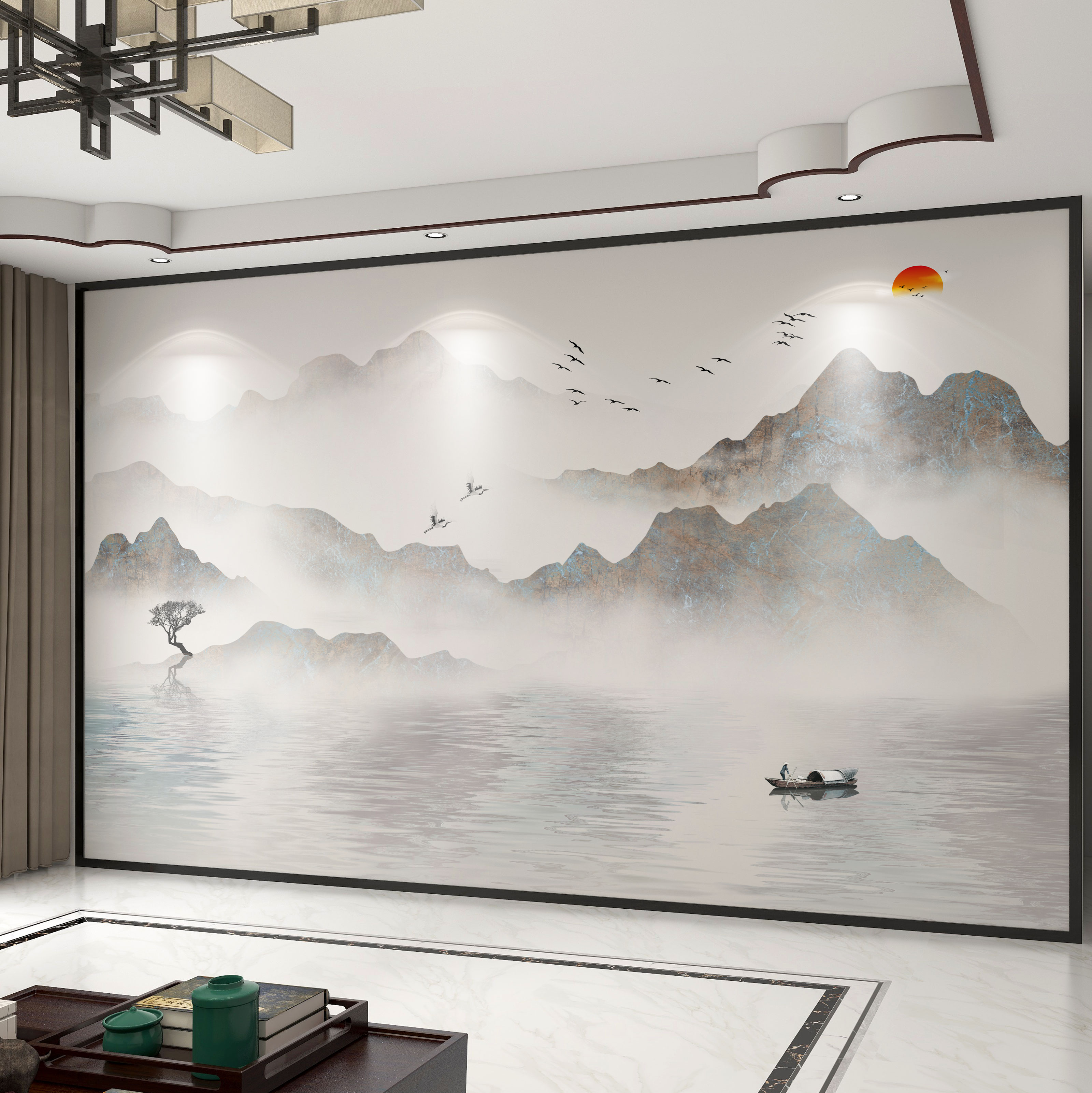 墙纸中式3d立体水墨山水电视背景墙壁纸客厅壁布卧室墙布壁画