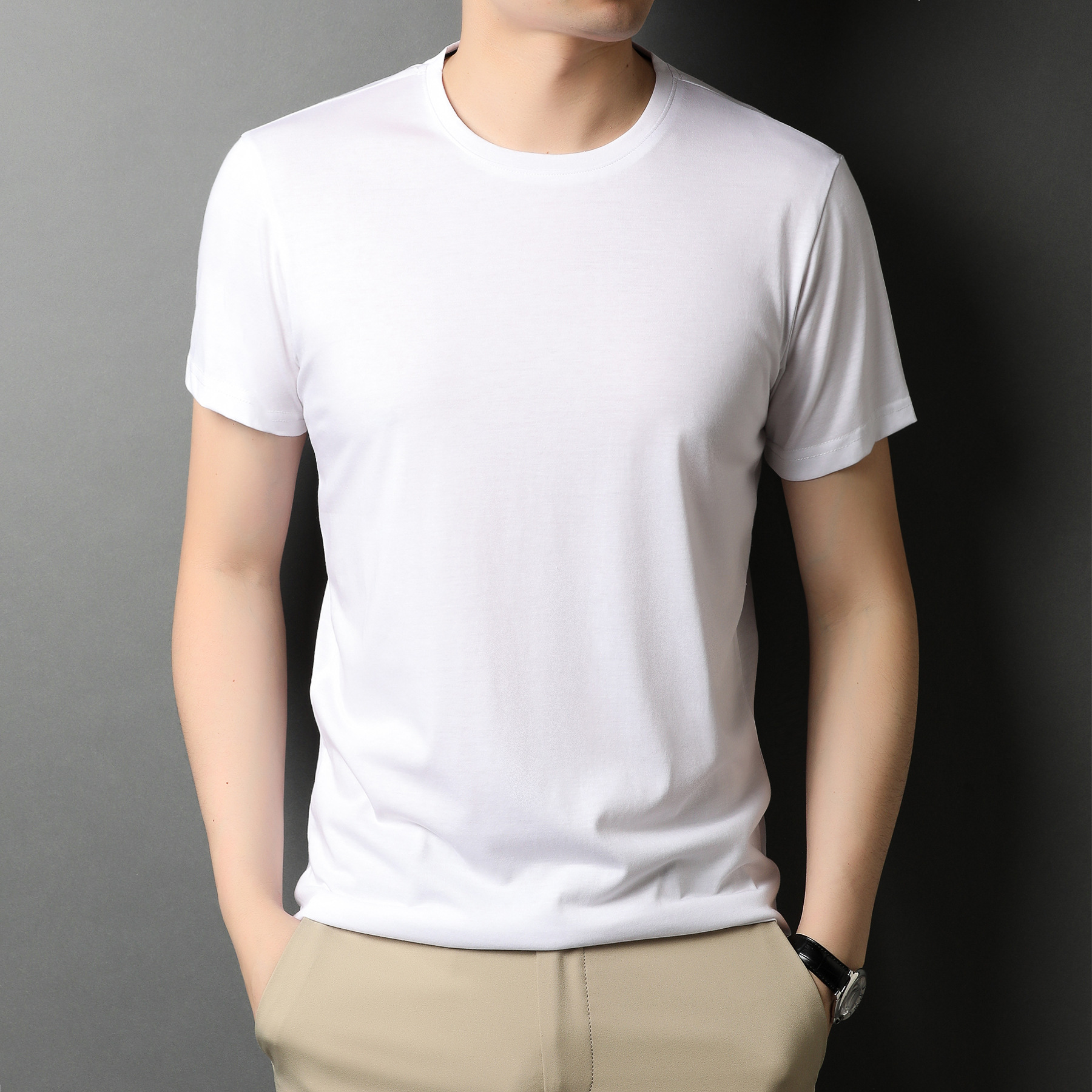 夏季男士宽松桑蚕丝纯色t恤轻商务男装爸爸装休闲百搭圆领短袖t恤