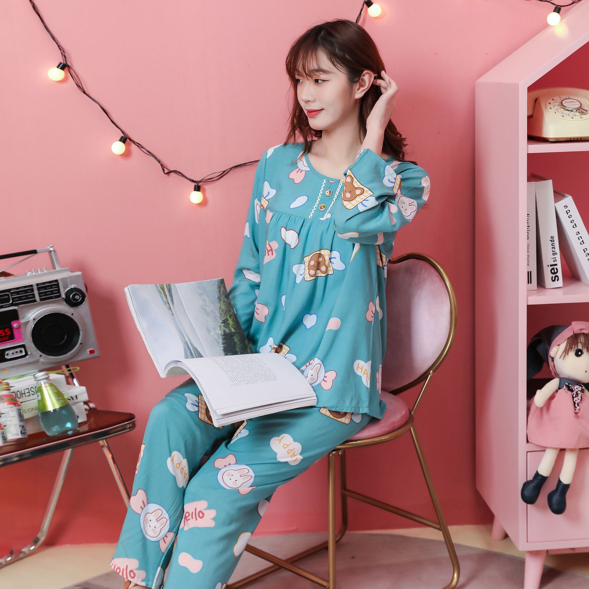 棉绸睡衣女 春夏季新款人造棉女士家居服 长袖长裤套装厂家直供