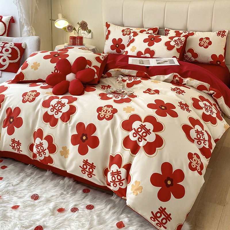 简约婚庆四件套红色被套床单婚房喜被新婚庆结婚床上用品-阿里巴巴