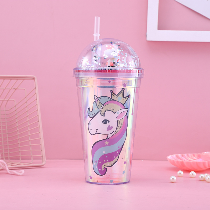 New Creative Unicorn Double Plastic Straw Cup Good-looking Student Cartoon Summer Ice Cup Children's Water Cup