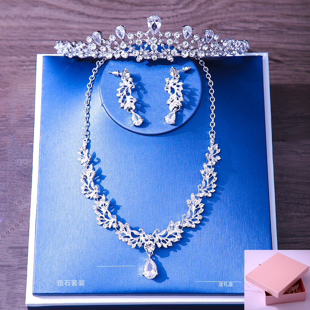 Headdress Korean Wedding Bridal Set Earrings Necklace Crown Zircon Crystal Rhinestone Birthday Adult Gift Hair Accessories