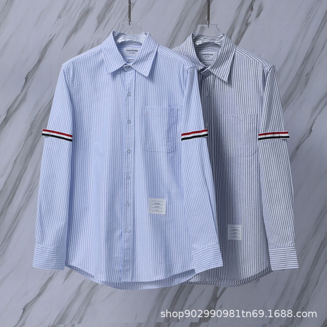 欧货高货男士新季tb衬衫经典条纹双袖织带色织牛津纺长袖开衫