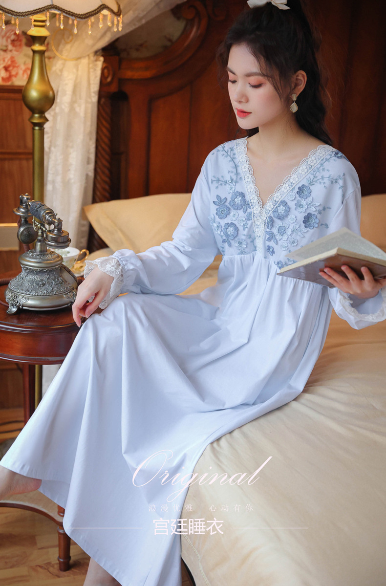 春夏宫廷公主风睡裙女长款刺绣睡衣长袖长裙甜美性感棉秋家居服