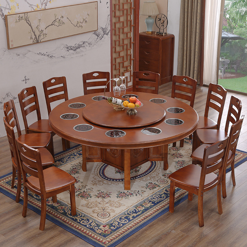 实木餐桌椅组合20人酒店饭店商用大圆桌1.8米带电磁炉火锅圆形桌