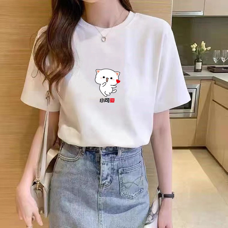 2024 Summer New Pure Cotton Loose Short Sleeve T-shirt Women's Korean-Style Women's round Neck Printed Bottoming Shirt Stall Wholesale