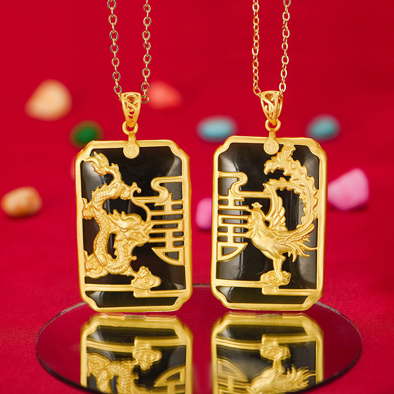 古法银镶玉和田墨玉双喜龙凤对方牌情侣男女款吊坠直播商场货源厂