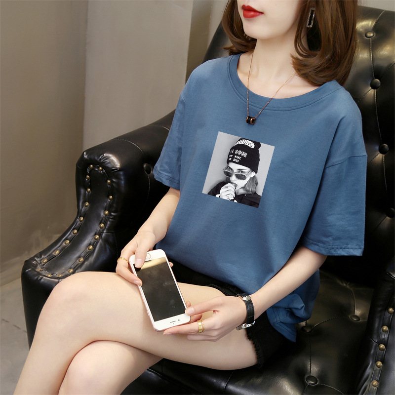 现货跨境2022夏季纯棉短袖t恤女时尚韩版圆领上衣大码印花女装潮