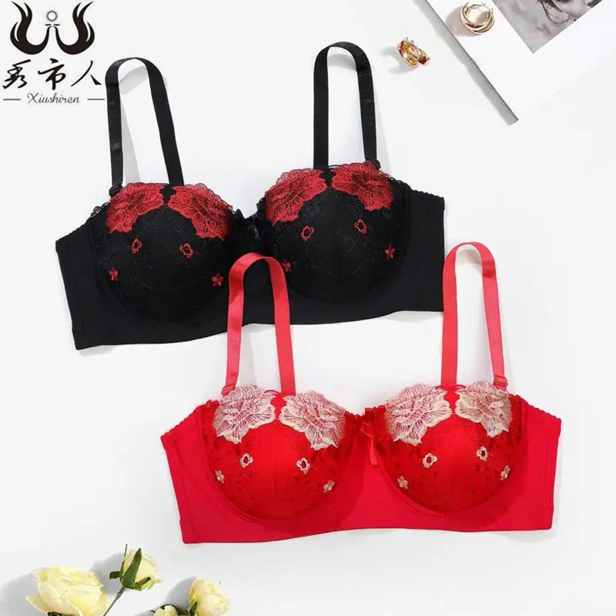 外贸大码刺绣内衣胖mm性感半杯胸罩防下垂收副乳上托定型1/2文胸