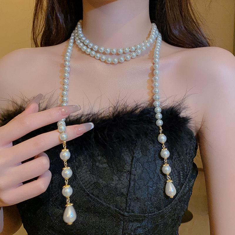 水滴珍珠多层项链女法式复古长款流苏锁骨链宫廷设计感颈链颈饰女