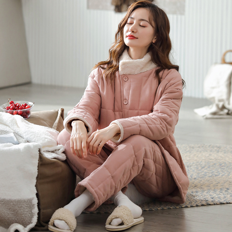 冬季三层加厚英伦绒夹棉女士睡衣套装加绒保暖女冬天家居服两件套