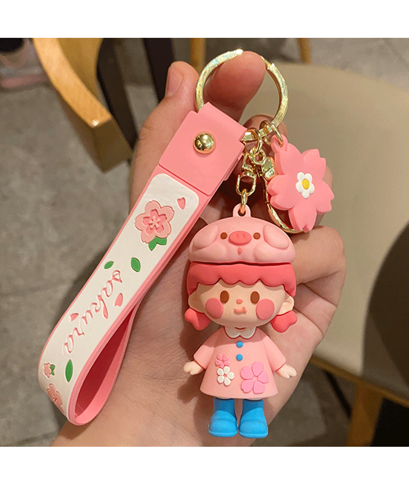 粉嫩樱花女孩钥匙扣女创意汽车钥匙链圈可爱卡通立体挂饰背包挂件