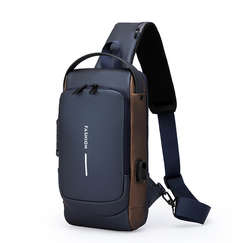 Men's Chest Bag Password Lock Anti-Theft Derm Waterproof USB Charging Port Multi-Function Sports One-Shoulder Crossbody Motorcycle Bag