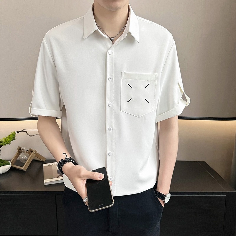 轻熟风短袖衬衫男2024夏季新款潮牌韩版冰丝五分袖衬衣黑白色衬衫