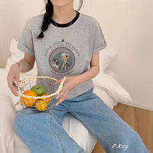 SA 夏季新款女装韩版薄棉简约圆领套头女士T恤短袖卡通字母上衣女