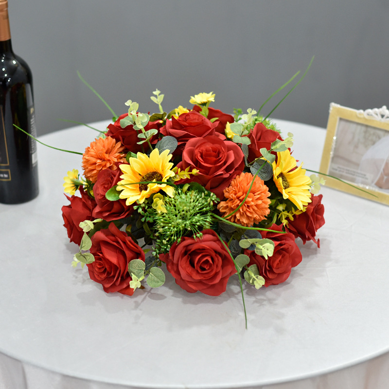 秋冬款圆桌花假花饭店圆桌小摆花酒店茶几台花圆形饭桌中间装饰花