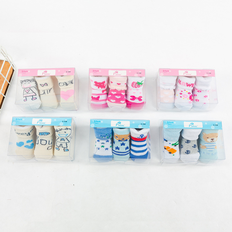 foreign trade kid‘s socks baby‘s socks strips cute pattern men and women baby and infant cartoon socks 3 pairs gift box